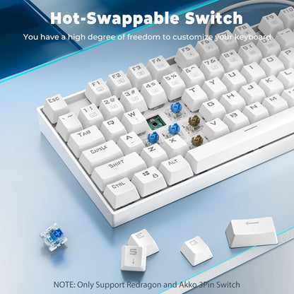 K552P Mechanical Gaming Keyboard TKL with 18 Backlight Modes, Hot-Swappable Red Switches, 87-Key Compact Ergonomic Design, N-Key Rollover & Software Programmable Macro - RGB, White